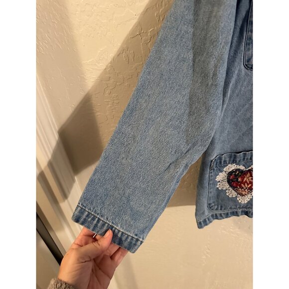 Blue Denim Jean Patchwork 90’s Floral Lace Jacket - Picture 3 of 10